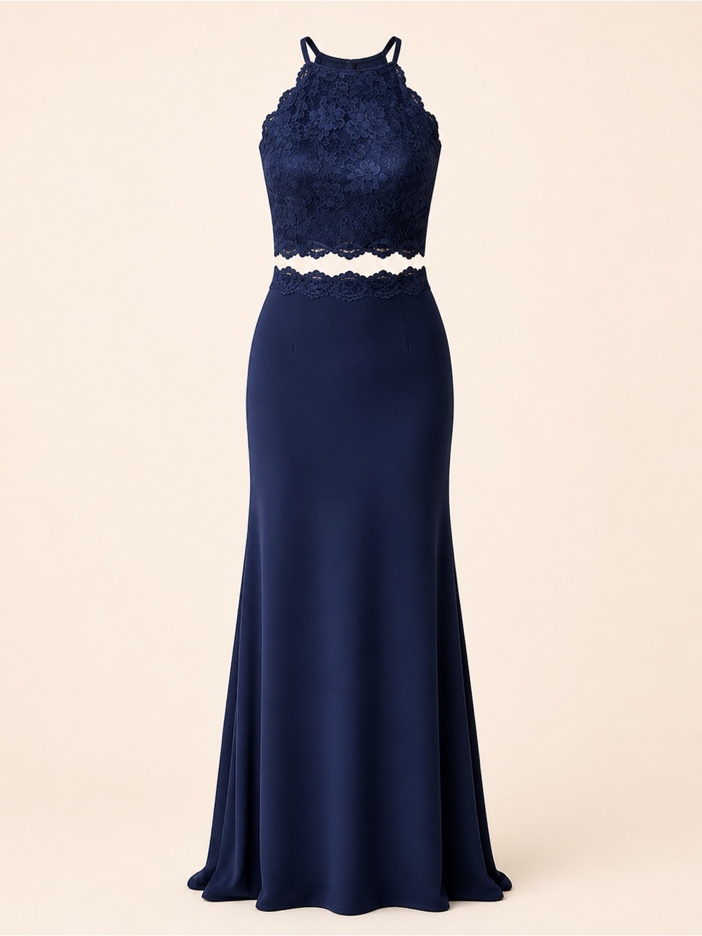 Dancing Queen Navy Blue Beaded Lace Two Piece Halter Prom Gown XL NWT - Picture 1 of 4